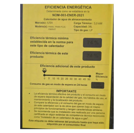 Calentador De Deposito Primo 38 L Gas LP Color Blanco