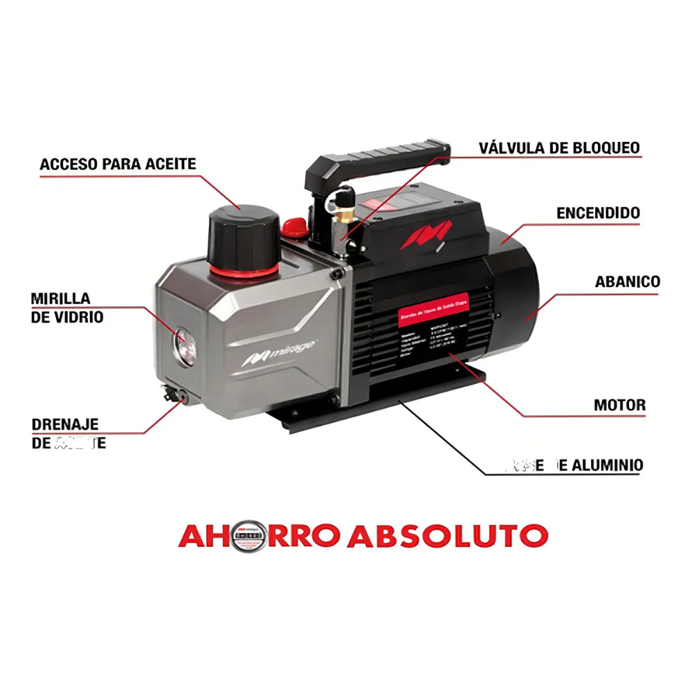 Bomba De Vacío 3.6 CFM Mirage Dos Etapas Potencia 1/2 Hp MVP236T