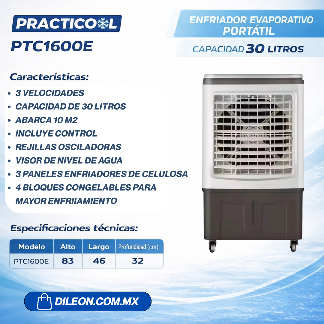 Cooler Enfriador Evaporativo 30L Practicool PTC1600E Blanco Con Control